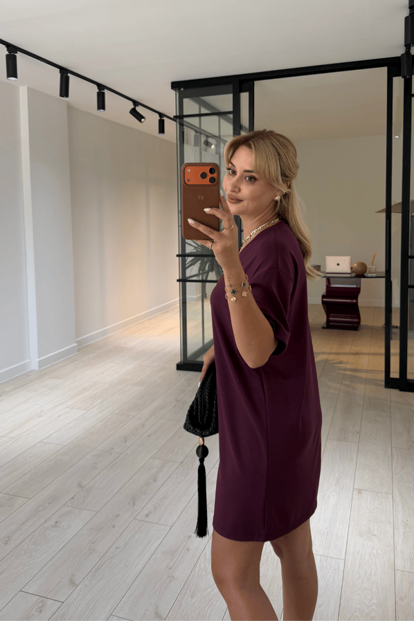 V Yaka Oversize Mürdüm Modal ElbiseSezgi Tekin
