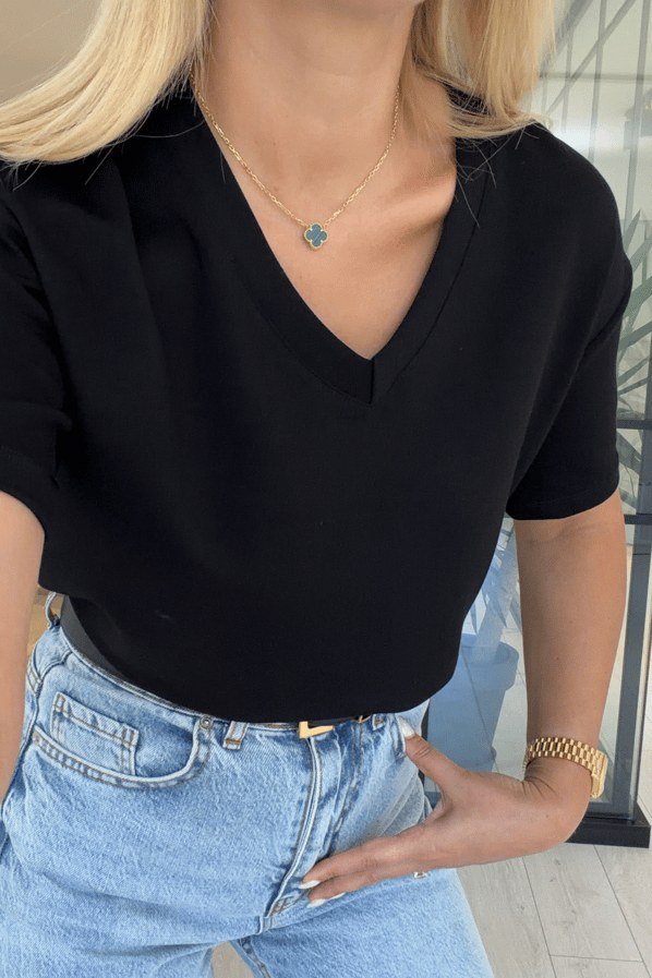 V Yaka Siyah Tok Modal Basic TshirtSezgi Tekin