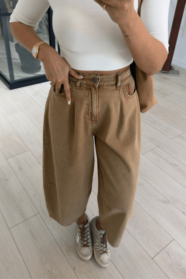 Vintage Camel Yıkamalı Barrel Beli Lastikli PantolonSezgi Tekin
