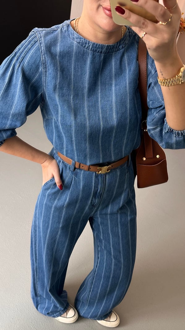 Sırt Bağlama Detay Çizgili Tensel Denim Bluz