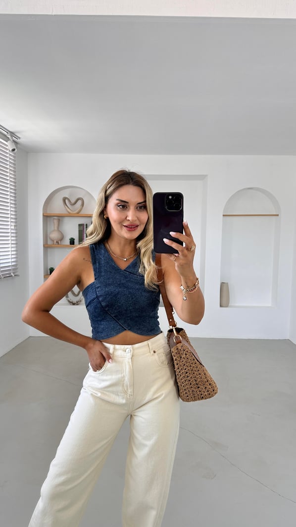 Sırt Fermuarlı Çapraz Detay Lacivert Büstiyer
