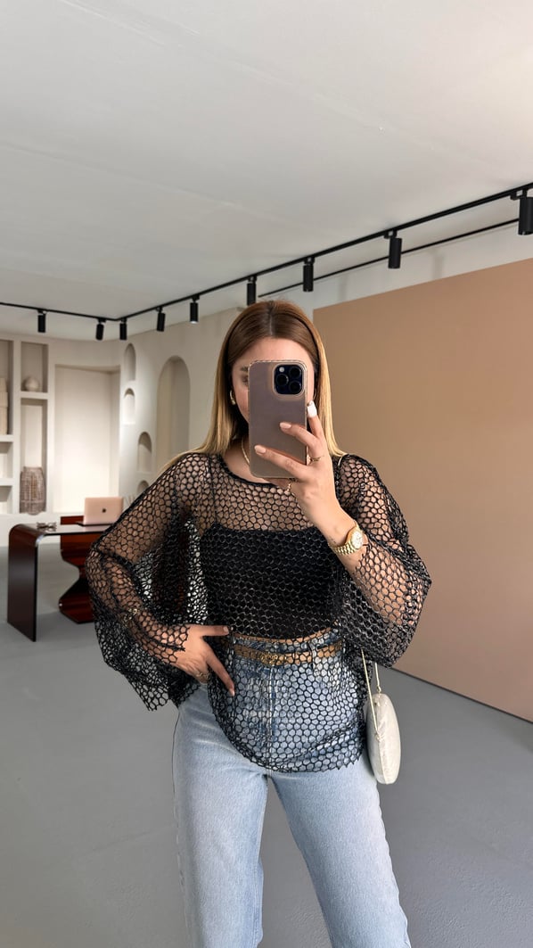 Siyah Oversize Simli File Bluz