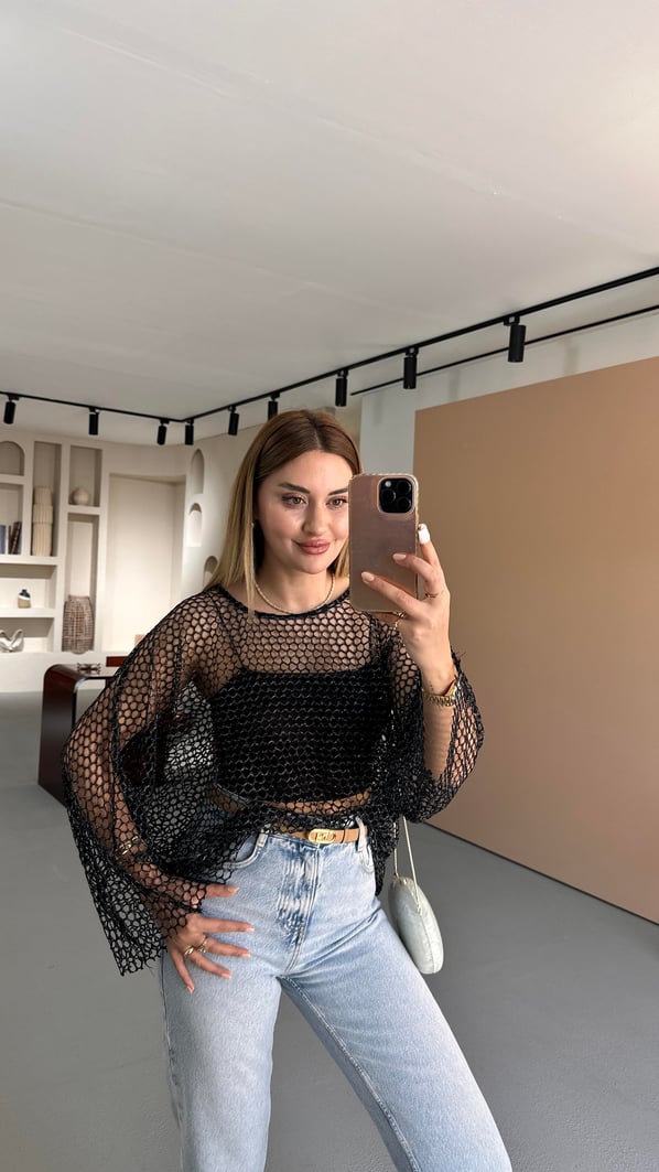 Siyah Oversize Simli File Bluz