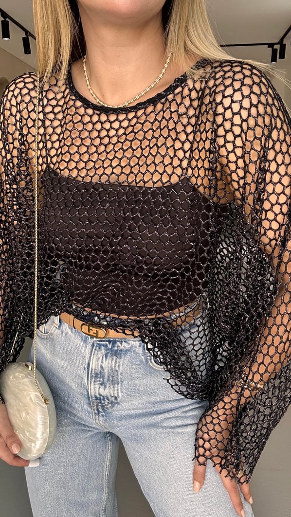 Siyah Oversize Simli File Bluz