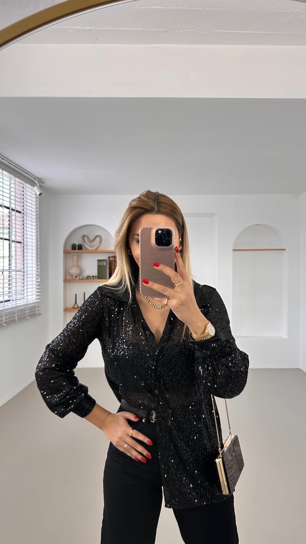 Siyah Transparan Pullu Gömlek