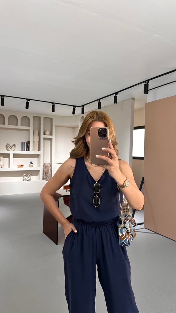 Slouchy Pantolon Bluz Lacivert Tensel Takım