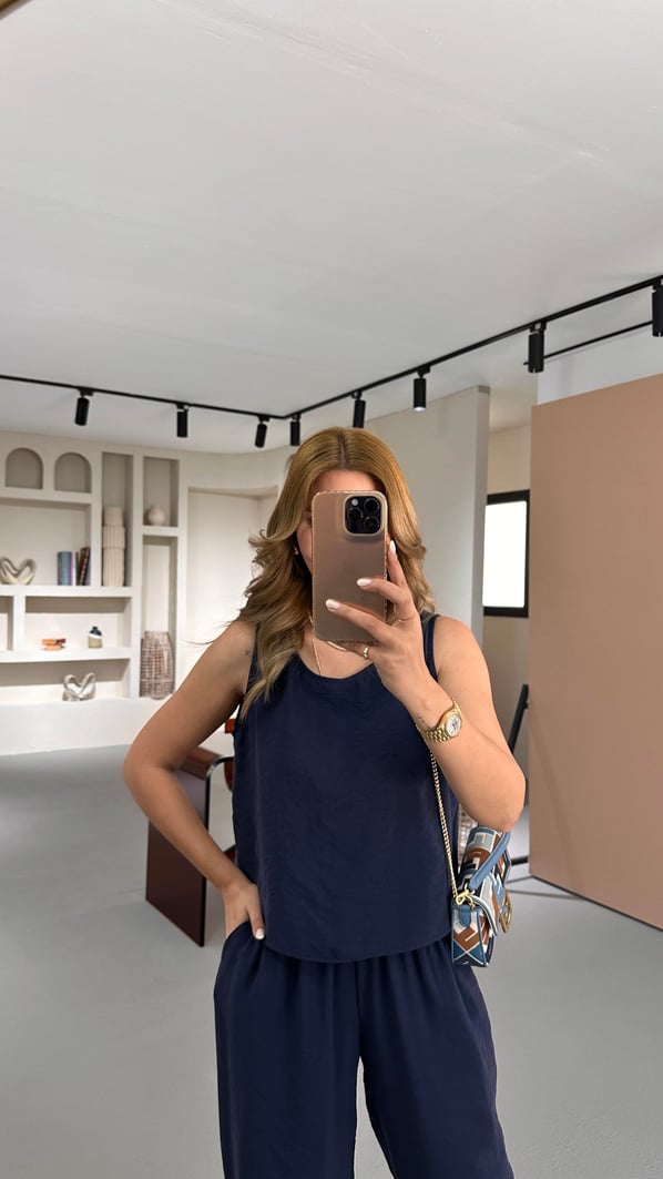 Slouchy Pantolon Bluz Lacivert Tensel Takım