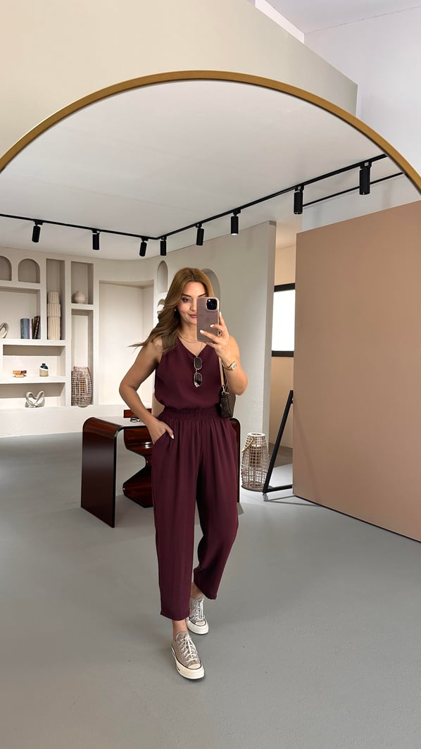 Slouchy Pantolon Bluz Mürdüm Tensel Takım