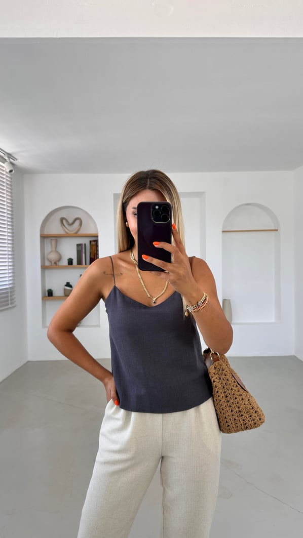 Spagetti Askı Antrasit Keten Bluz