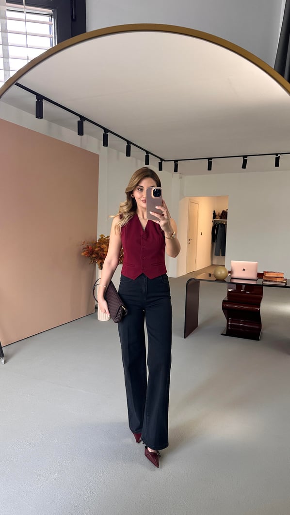 Süs Cep Detay Astarlı Bordo Yelek