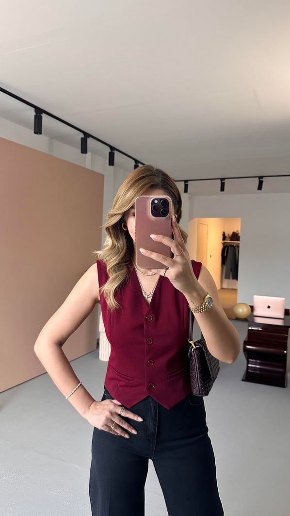 Süs Cep Detay Astarlı Bordo Yelek