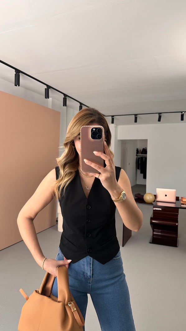 Süs Cep Detay Astarlı Siyah Yelek