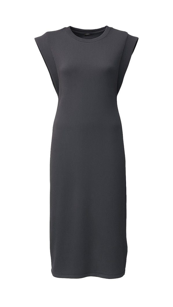 T Kol Yırtmaç Detay Dokulu Antrasit Elbise