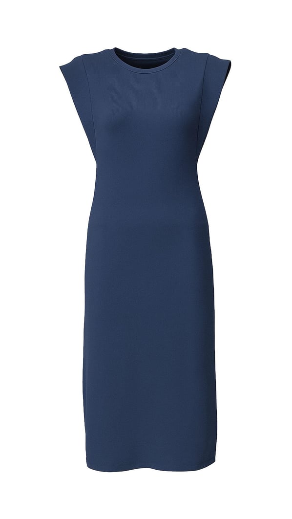 T Kol Yırtmaç Detay Dokulu Lacivert Elbise