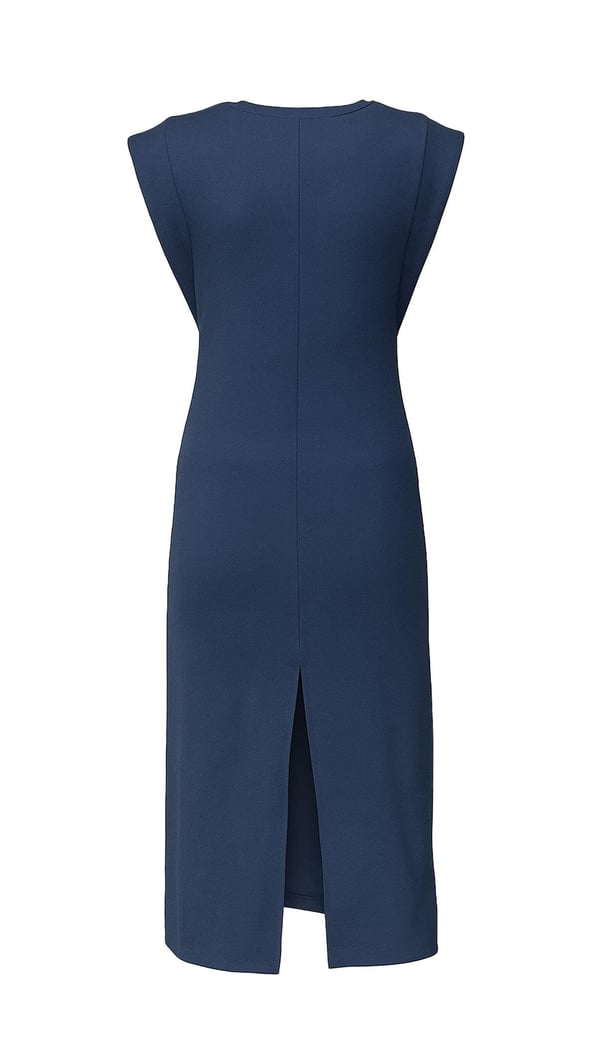 T Kol Yırtmaç Detay Dokulu Lacivert Elbise