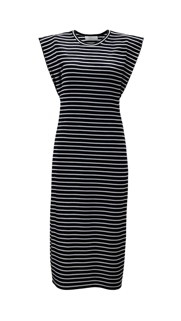 T Kol Yırtmaç Detay Dokulu Siyah Çizgili Elbise