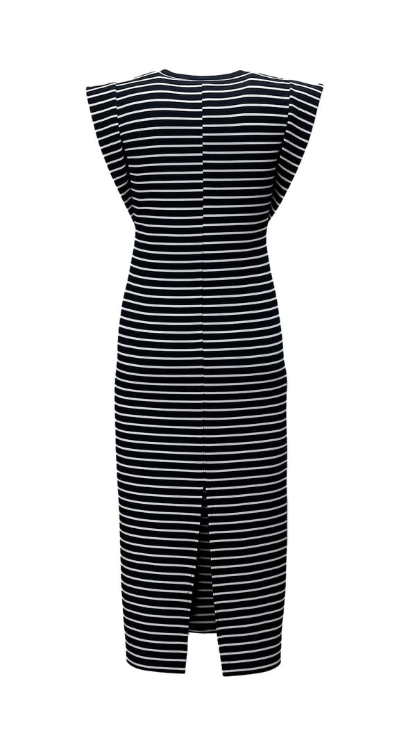 T Kol Yırtmaç Detay Dokulu Siyah Çizgili Elbise