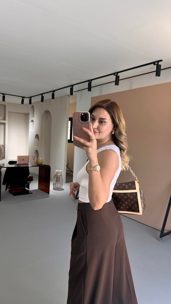 Tek Düğme Blazer Piliseli Palazzo Pantolon Kahve Takım