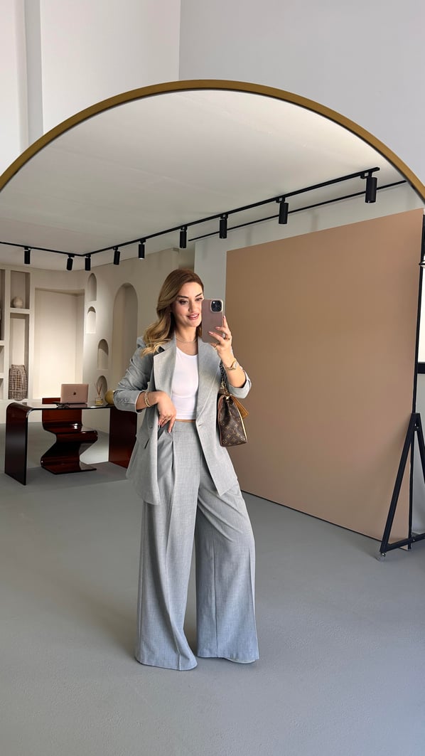 Tek Düğme Blazer Piliseli Palazzo Pantolon Gri Takım