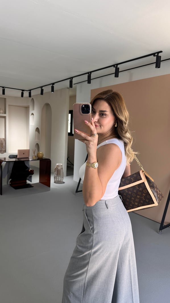 Tek Düğme Blazer Piliseli Palazzo Pantolon Gri Takım