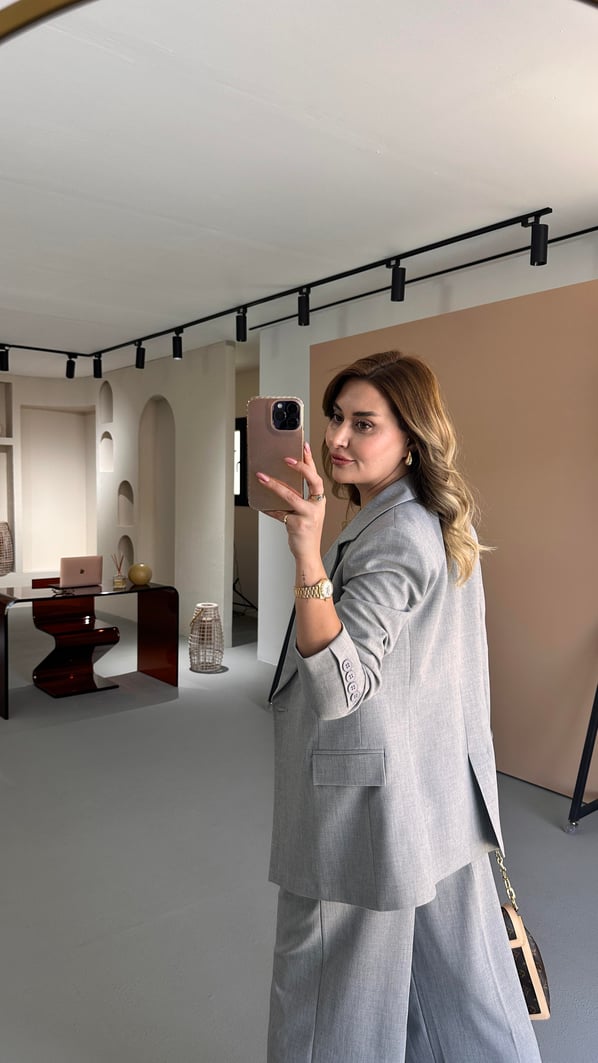 Tek Düğme Blazer Piliseli Palazzo Pantolon Gri Takım