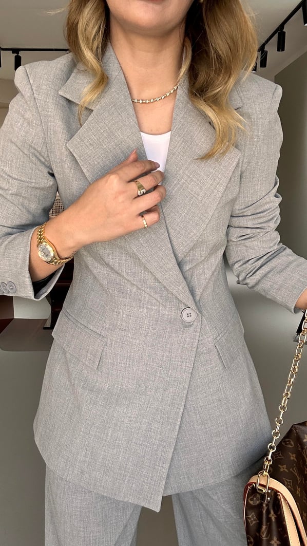 Tek Düğme Blazer Piliseli Palazzo Pantolon Gri Takım