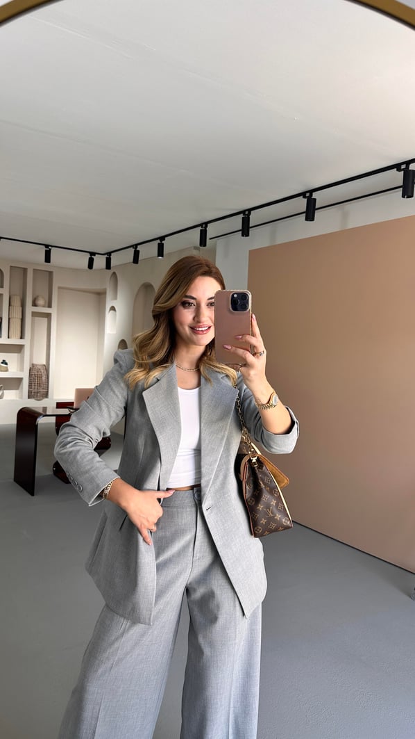 Tek Düğme Blazer Piliseli Palazzo Pantolon Gri Takım