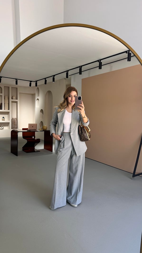 Tek Düğme Blazer Piliseli Palazzo Pantolon Gri Takım