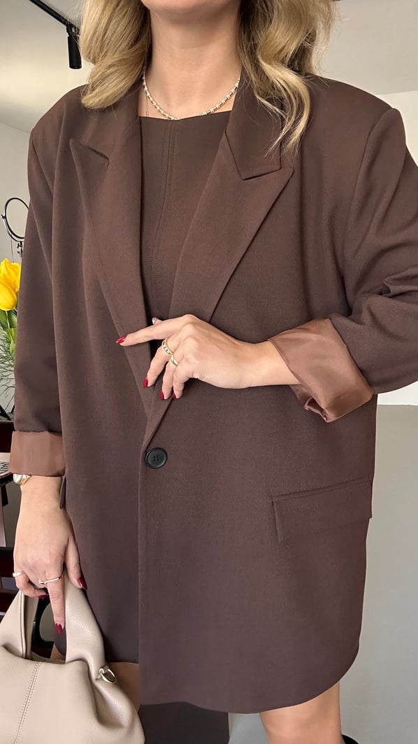 Tek Düğme Detay Astarlı Oversize Kahve Ceket