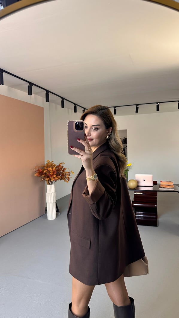 Tek Düğme Detay Astarlı Oversize Kahve Ceket