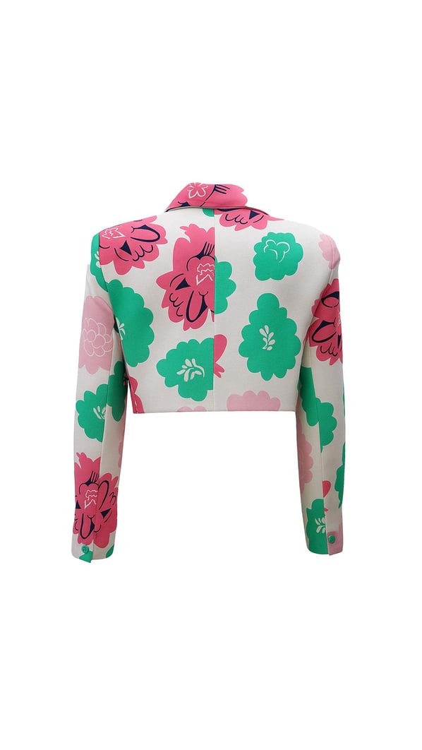 Tek Düğme Detay Çiçek Desen Kısa Keten Ceket