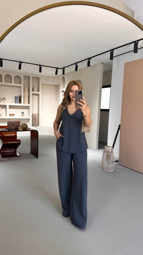 V Yaka Bluz Bol Pantolon Antrasit Tensel Modal Takım