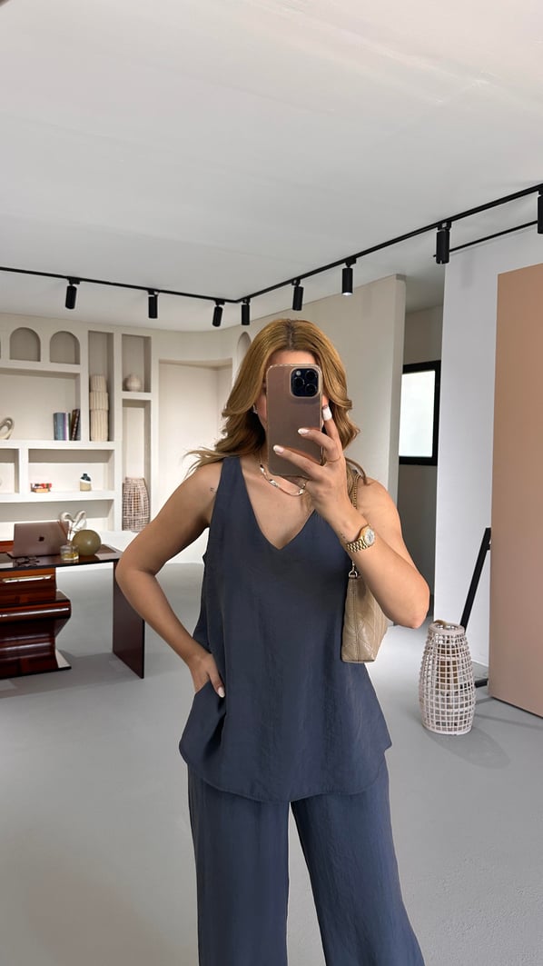 V Yaka Bluz Bol Pantolon Antrasit Tensel Modal Takım