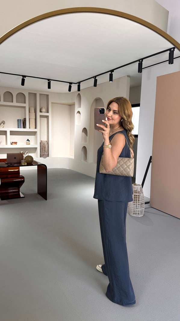 V Yaka Bluz Bol Pantolon Antrasit Tensel Modal Takım