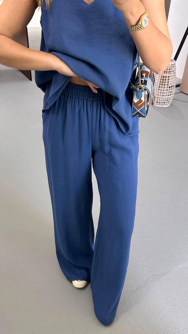 V Yaka Bluz Bol Pantolon İndigo Tensel Modal Takım