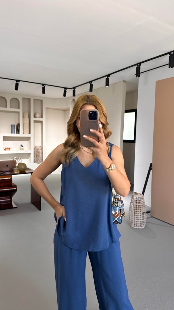 V Yaka Bluz Bol Pantolon İndigo Tensel Modal Takım