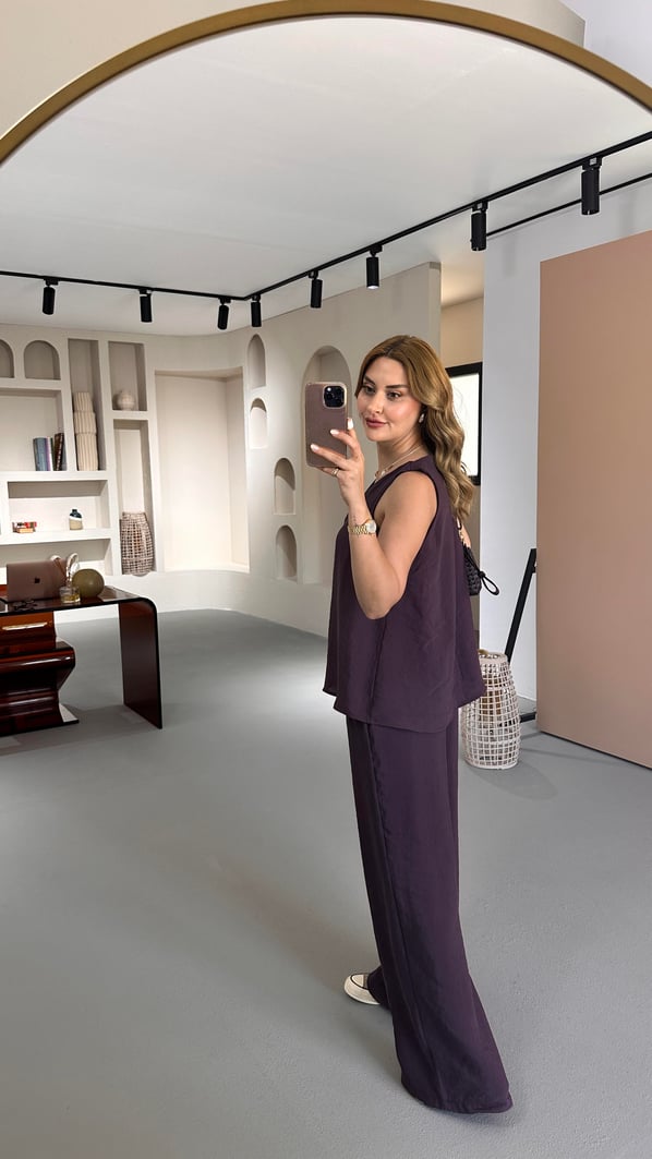 V Yaka Bluz Bol Pantolon Mürdüm Tensel Modal Takım
