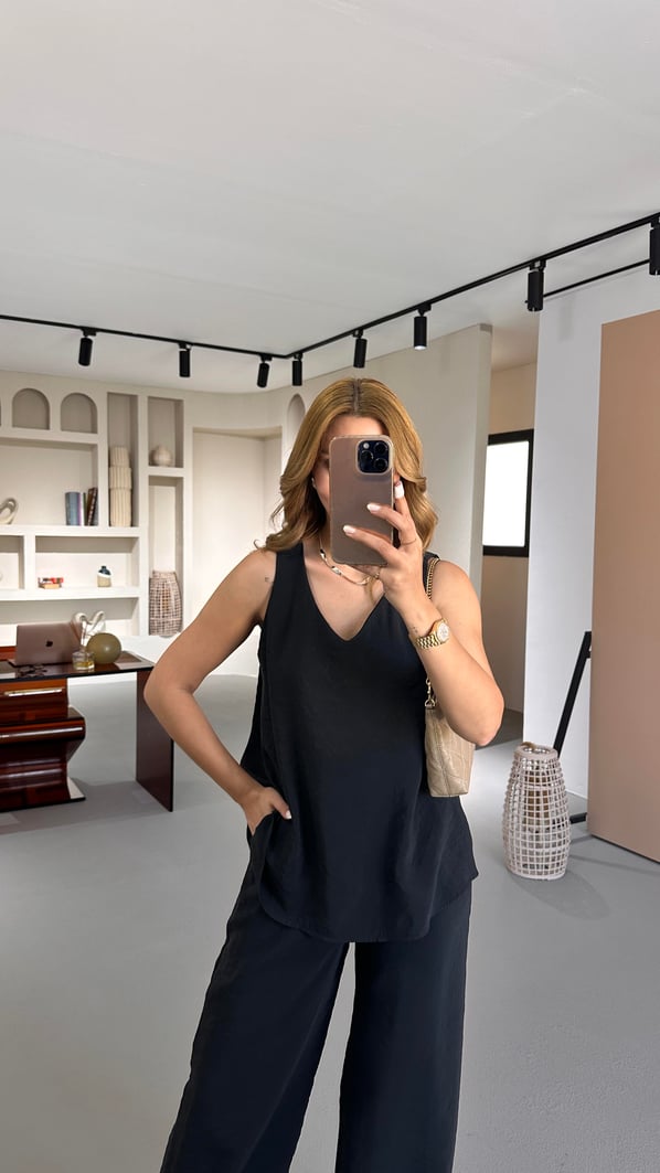 V Yaka Bluz Bol Pantolon Siyah Tensel Modal Takım