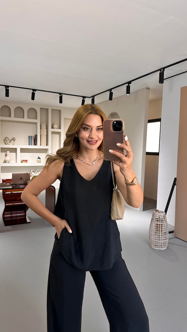 V Yaka Bluz Bol Pantolon Siyah Tensel Modal Takım