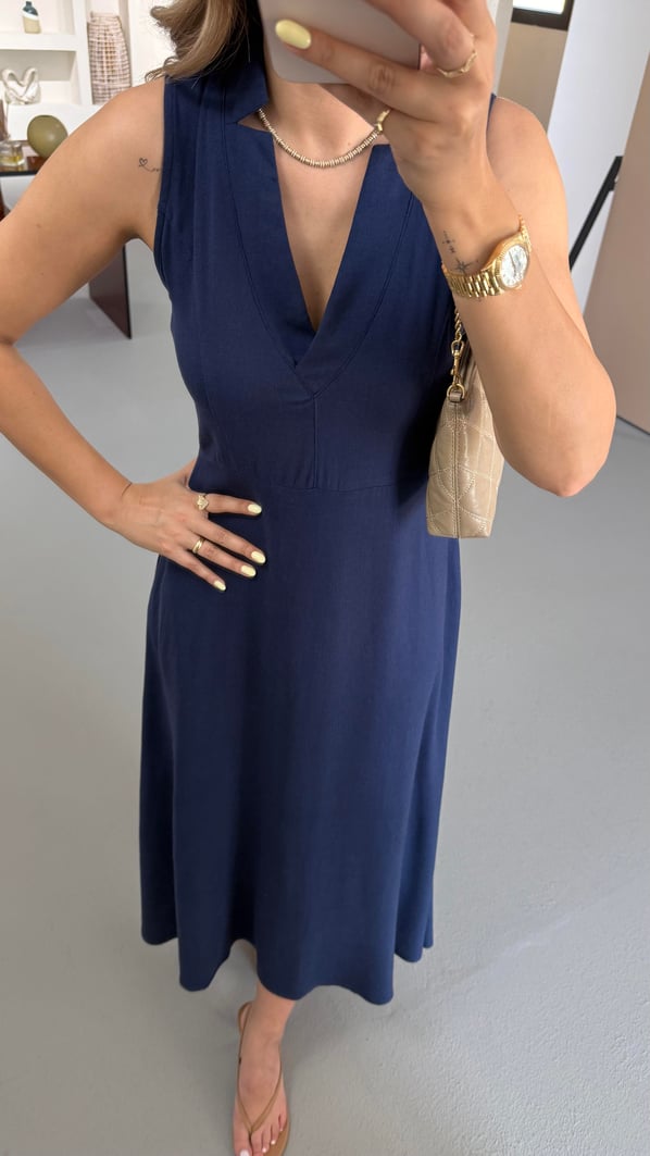 V Yaka Cep Detay Lacivert Keten Elbise