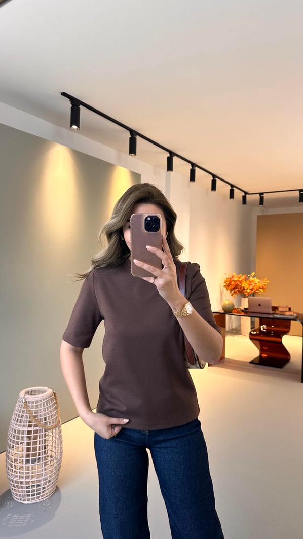 Vatkalı Kısa Kol Kahve Tok Basic Tshirt
