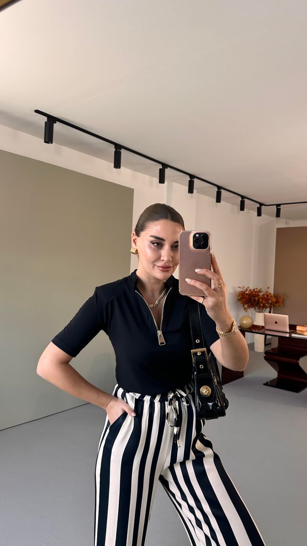Yaka Fermuarlı Siyah Modal Bluz