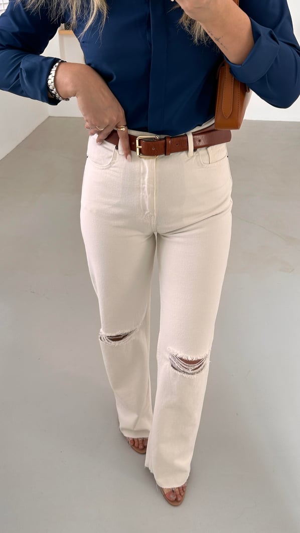 Yırtık Detay Kesik Paça Straight Beyaz Jean