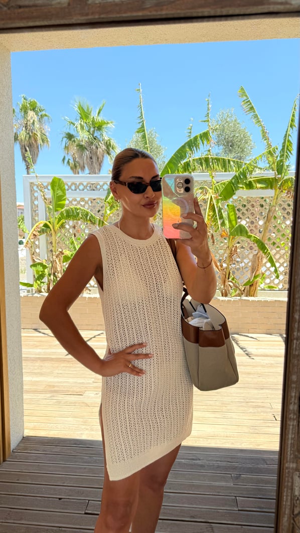 Yırtmaç Detay Ajurlu Ekru Triko Elbise