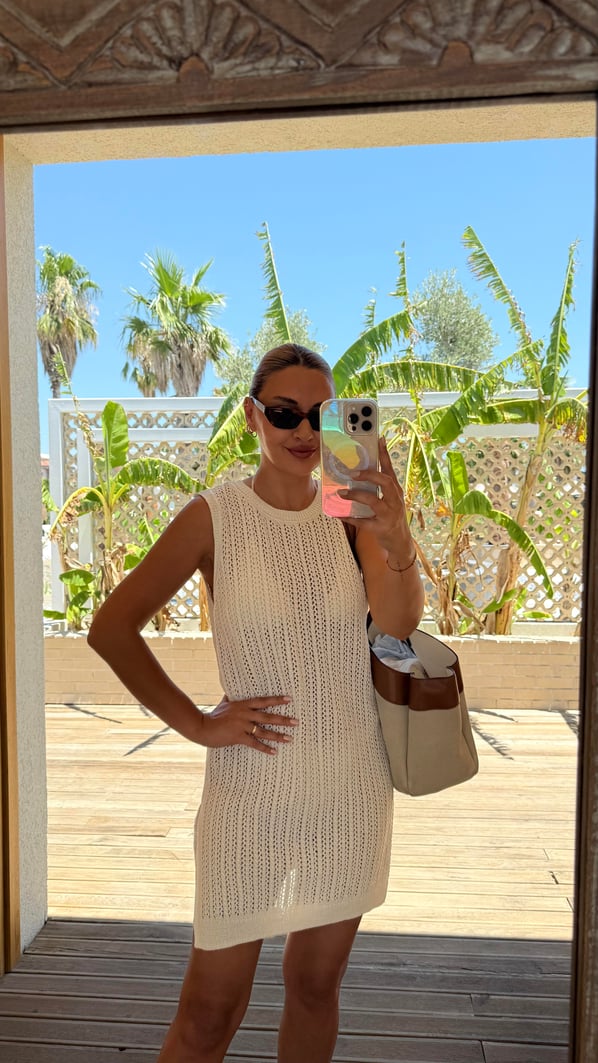 Yırtmaç Detay Ajurlu Ekru Triko Elbise