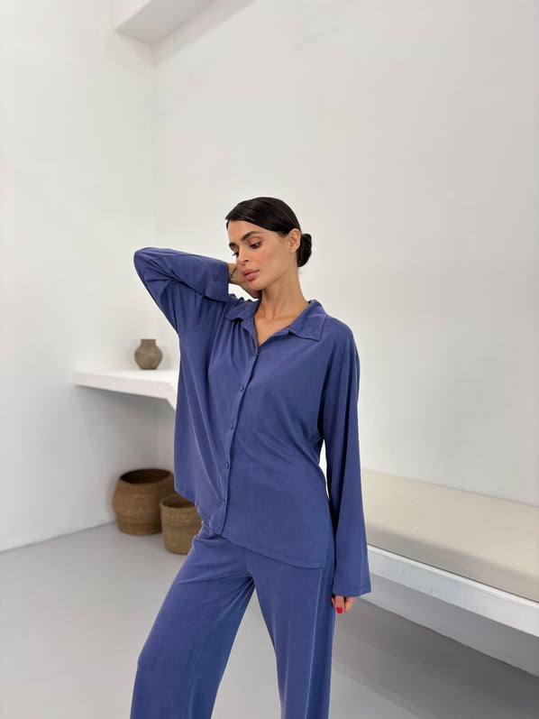 Yırtmaç Detay Dökümlü İndigo Modal Pijama Gömlek