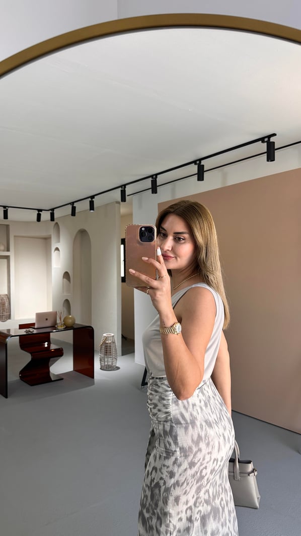 Yırtmaç Detay Kuşaklı Leopar Desen Keten Etek