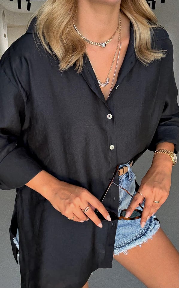 Yırtmaç Detay Siyah Modal Gömlek