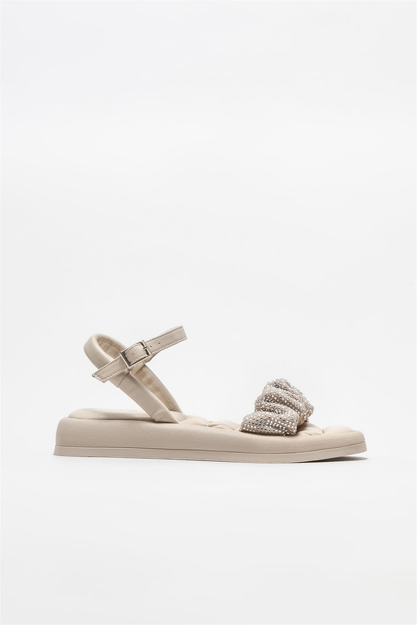 Bej deri düz kadın sandalet - Elle Shoes