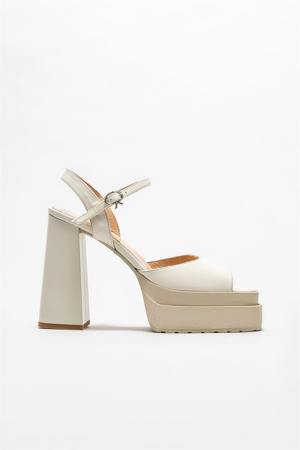 Bej deri kadın topuklu sandalet - Elle Shoes